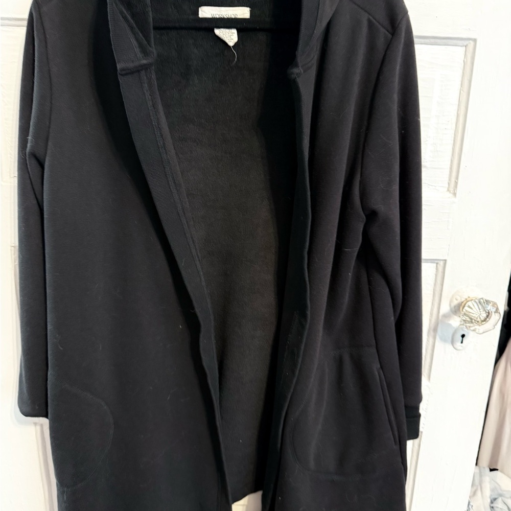 Black Open Front jacket with fleece lining , made by Workshop